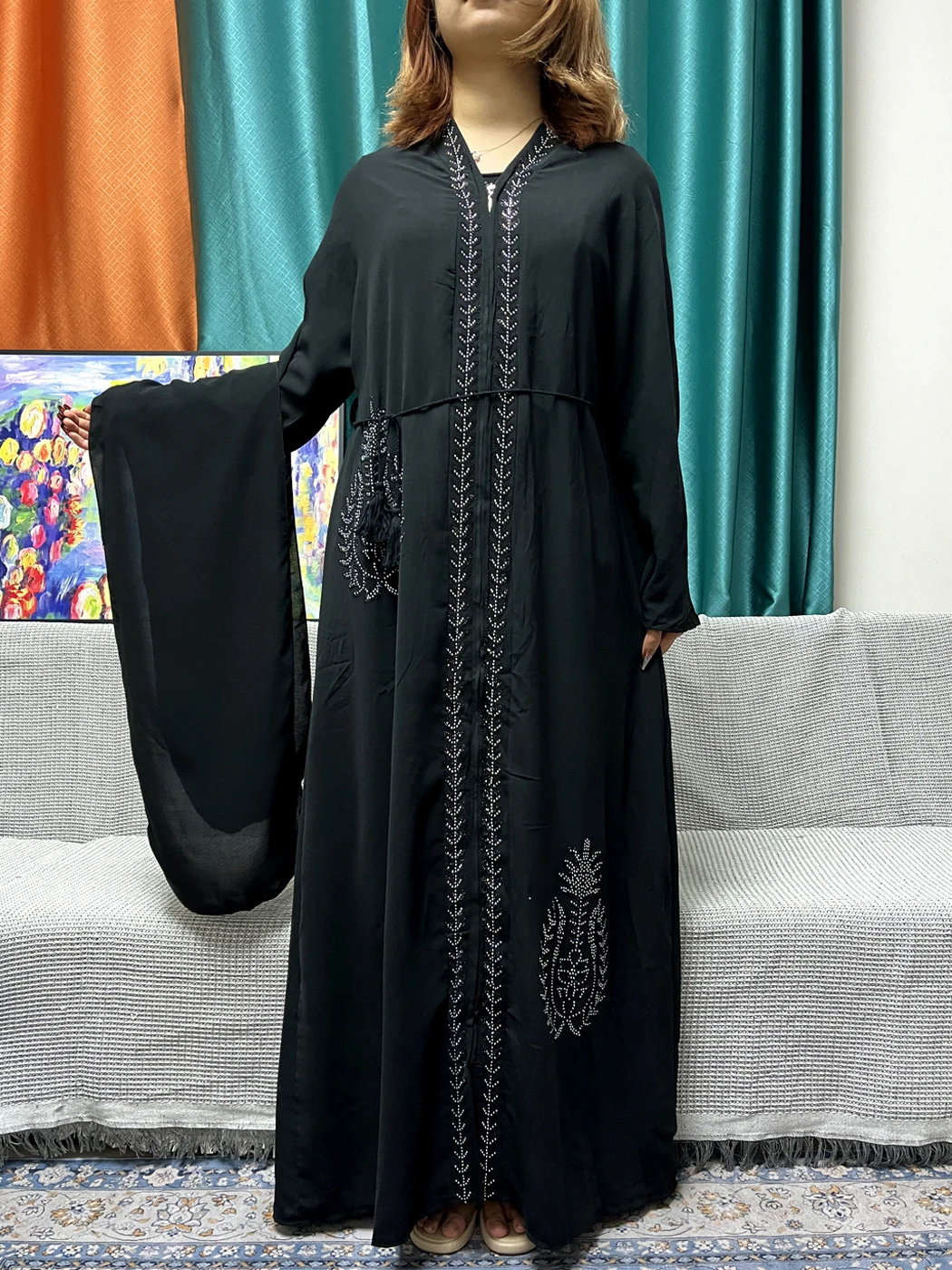 Muslim Open Abayas For Women 2024 Fashion Chiffon Diamonds Loose Fit Femme Robe African Islam Party Evening Dresses With Turban