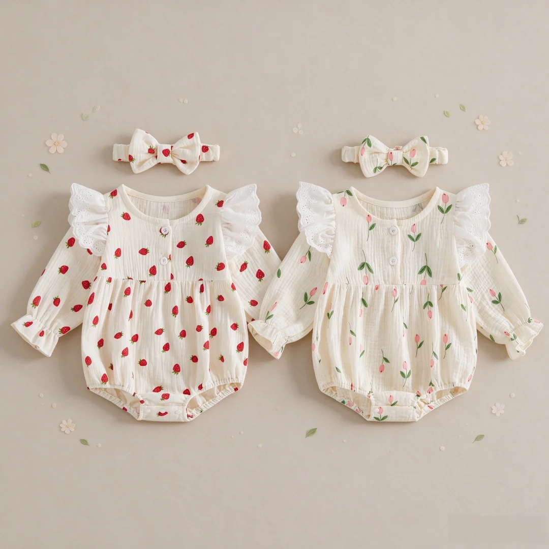 Autumn Cotton Strawberry Print Girls Romper Tulip Long Sleeves Jumpsuit+Bow Headband 2 Pcs Set for Baby Sweet Toddler Clothes