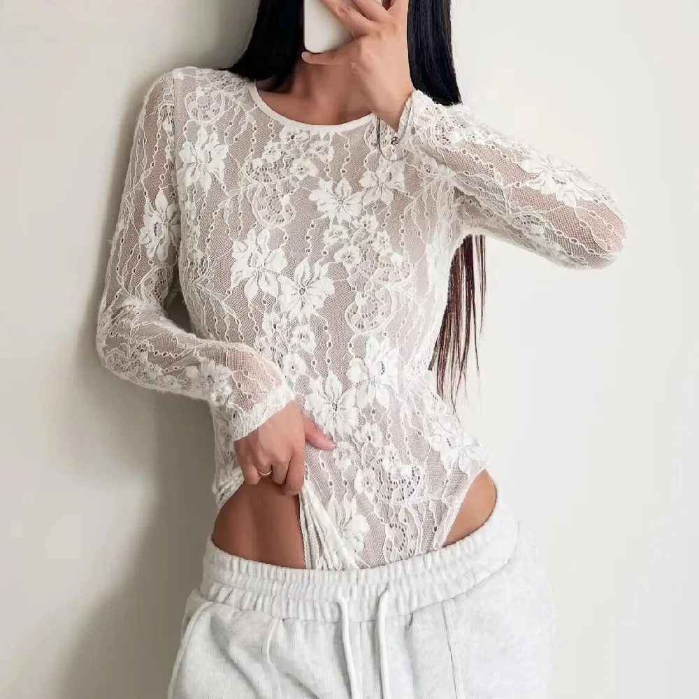 

Осень 2025 г., сексуальный прозрачный кружевной комбинезон с подкладкой и круглым вырезом, боди с длинными рукавами, женский облегающий короткий комбинезон, облегающие комбинезоны, комбинезоны