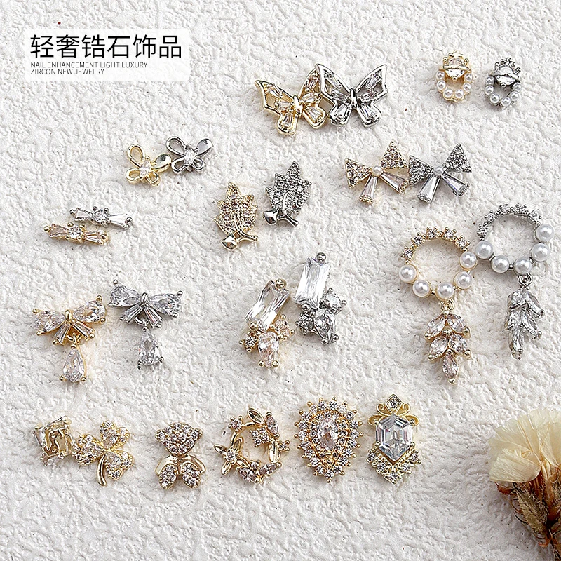 2PCS Luxury Glitter Zircon Pearl Butterfly Bow Floral Hoop Pendant Alloy Nail Art Rhinestones Jewel Decorations Manicure Charms