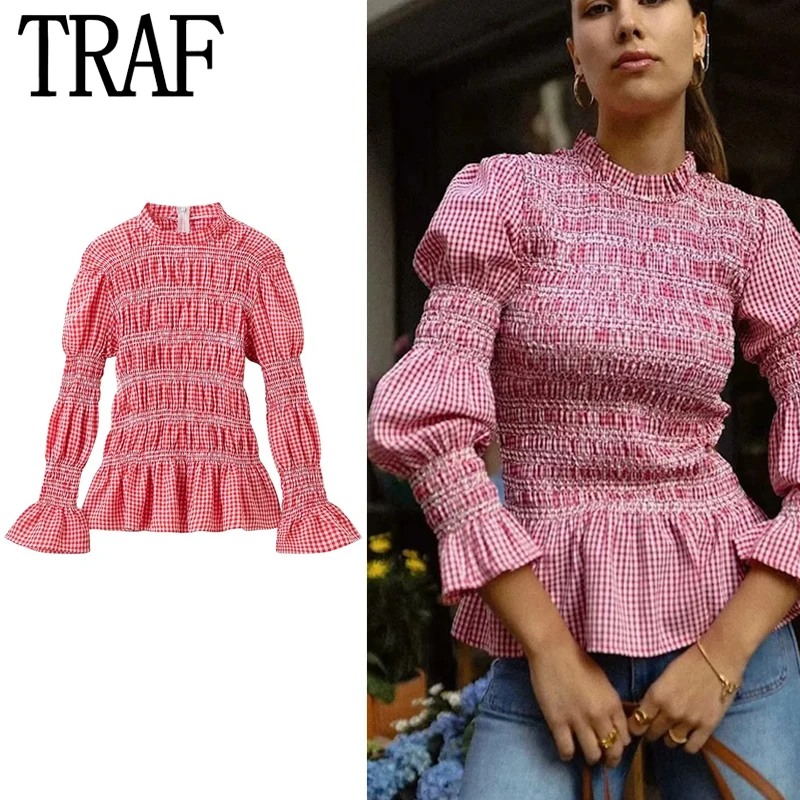 TRAF t-Shirt da donna primavera 2024 Plaid Ruffle Top o-collo manica lunga Top elegante All-Match Streetwear Shirt camicie stile coreano