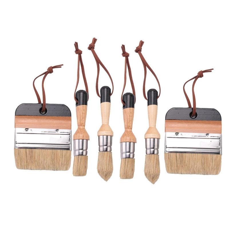 

6Pack Chalk And Wax Paint Brushes Bristle Stencil Brushes For Wood Furniture Home Wall Decor