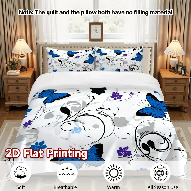 2D ultra-soft digital print duvet cover set, includes three-piece set with pillowcase and duvet cover, blue butterfly design, no filling, the fabric is soft and comfortable, suitable for bedrooms, hotels, famous hotels, and school dormitories. 1*duvet cover + 1/2 pillowcase