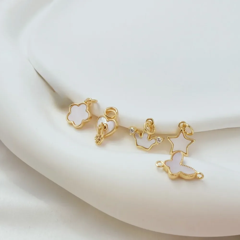 

14K Copper Plated with Real Gold, Inlaid with Zircon and Shell, Five-leaf Flower Five-pointed Star Crown Heart Butterfly Pendant