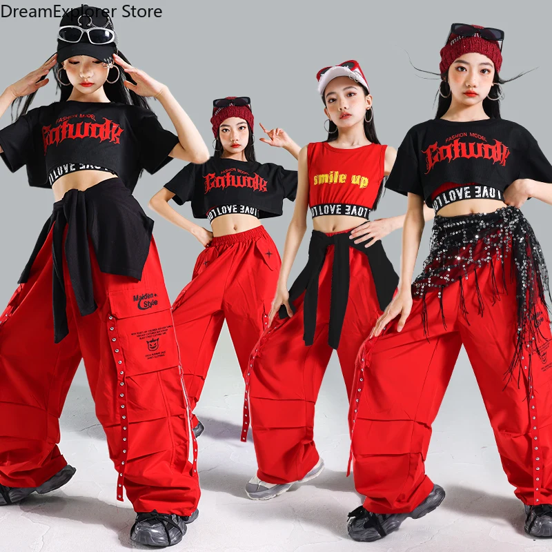 Girls K-pop Red Crop Top Cargo  Pants Children Hip Hop Street Dance Stage Costumes Kids Streetwear Girl Group Jazz Clothes Sets