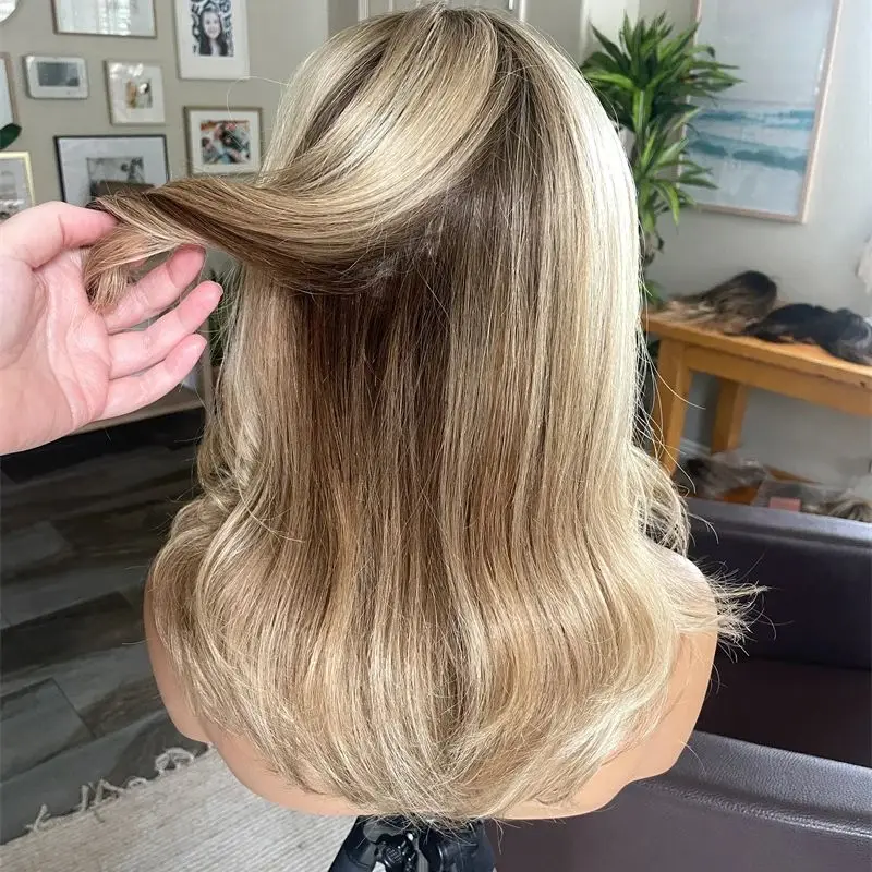 Short Wave Bob Free Part Ombre Creamy Blonde Highlight Lace Frontal Wig High Quality Heat Resistant Wig Small Laege Size Cap