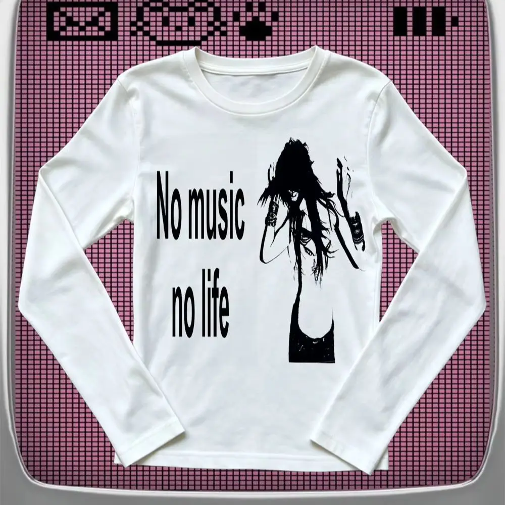 Punk Rock Zitat Grafik Langarm-T-Shirt No Music No Life Dark Grunge Music Lover Y2K Alt Damen Slim Fit Top – Detail 7