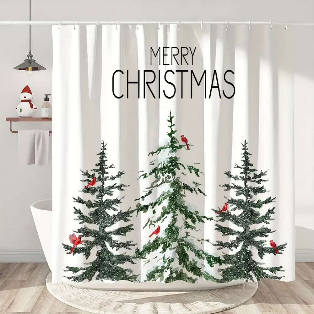 

Happy Christmas Holiday Shower Curtain Christmas Tree Cedar Holiday Gift Polyester Home Shower Curtain Bathroom Decor with Hooks