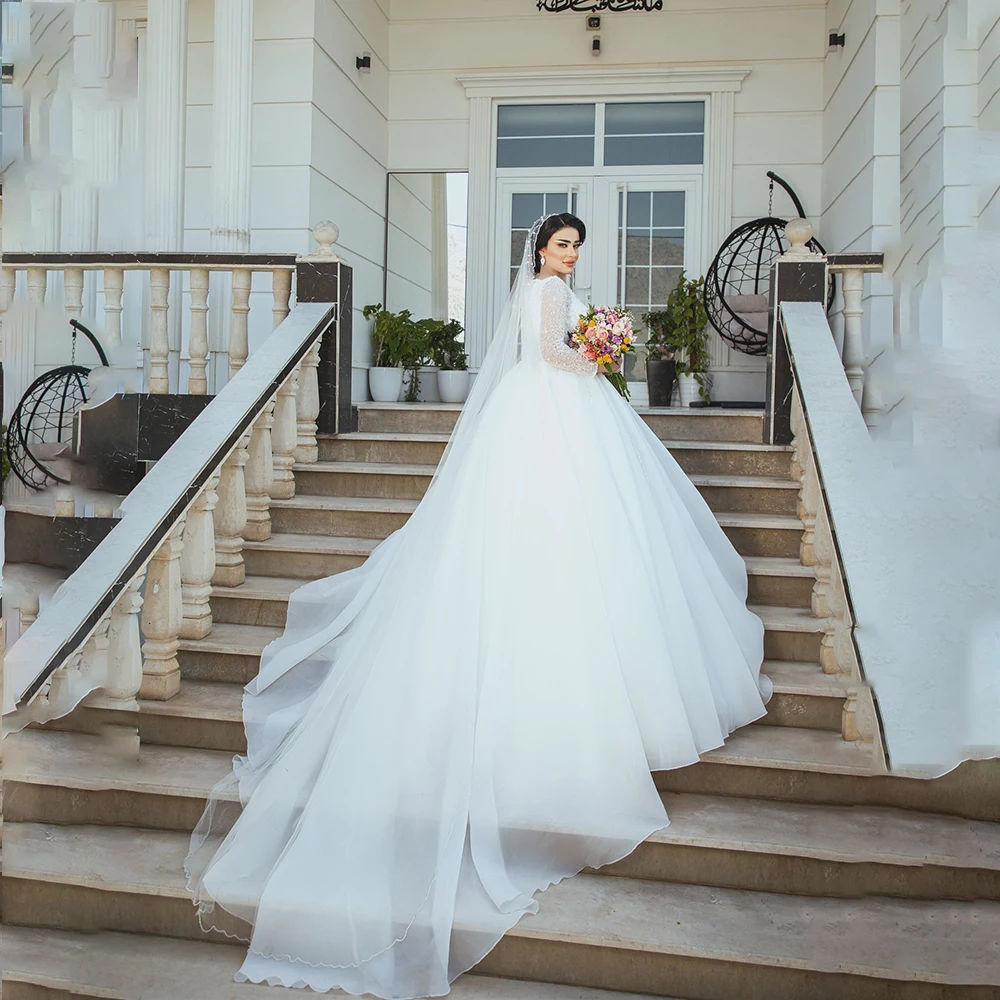 

Muslim Wedding Dresses Square Collar A-line Long Sleeves Church Bride Dress with Beaded Bridal Gown Vestido De Noiva Customized