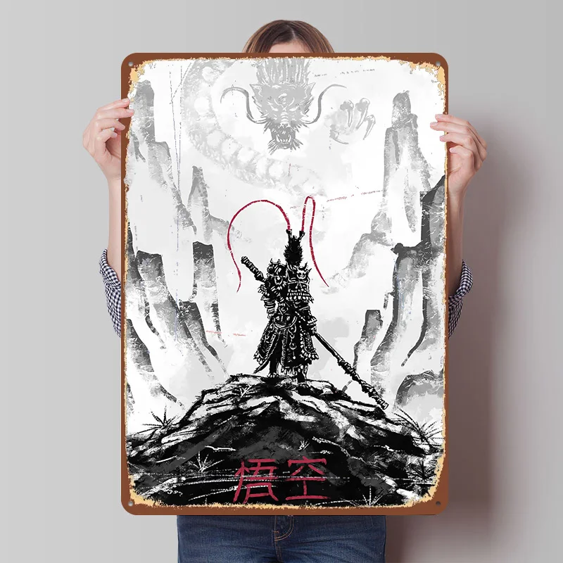 Black Myth Wukong Against Dragon Tin Plaque Poster Customized Wall Art Retro Vintage Metal Signs for Room Gaming Decoration Home