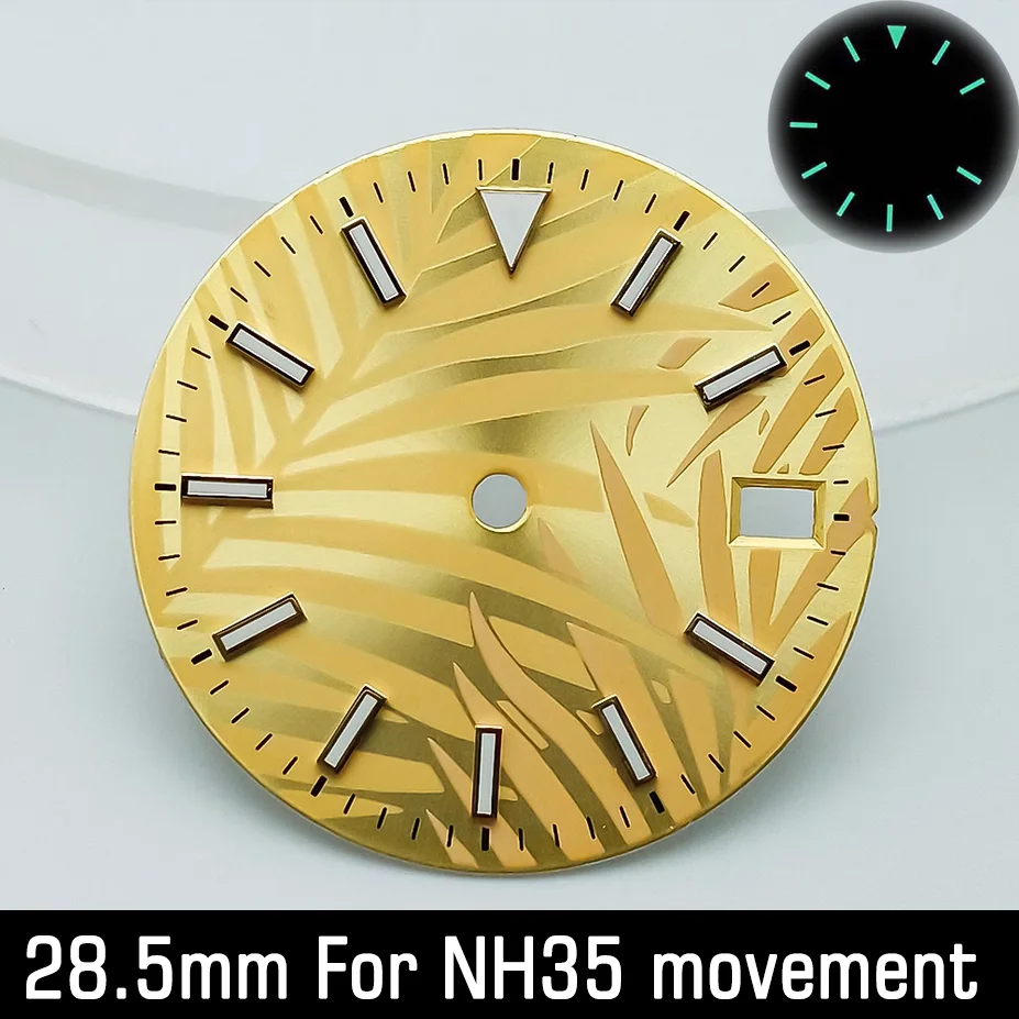 28.55mm Diamonds Watch Dial Green Luminous Watch Face for NH35 NH36 Movement Watch Parts Single Calendar Customizable Logo