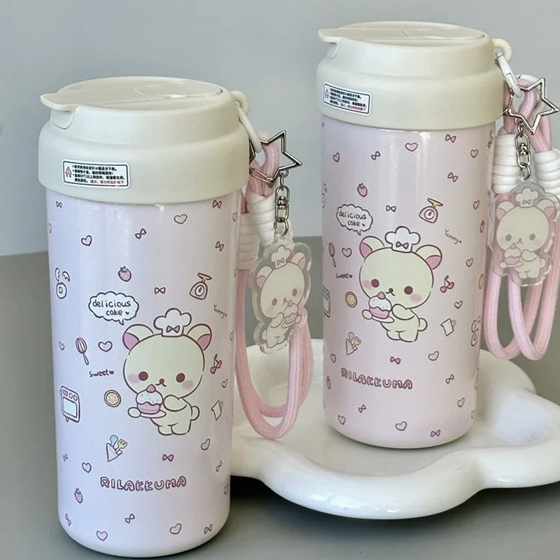 550 мл Kawaii Rilakkuma мультяшный принт термос кубики льда Sippy чашка для воды большой емкости портативный ремешок подарок на день рождения для девочек