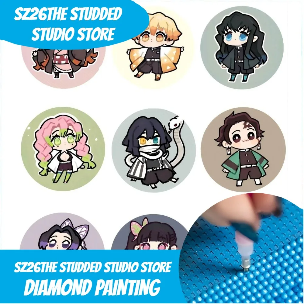 Sz26 Set de Personajes Chibi de Anime Demon Slayer con Diamantes, Pintura de Diamantes 5D, Bordado de Diamantes Redondos Completos, Mosaico de Pedrería