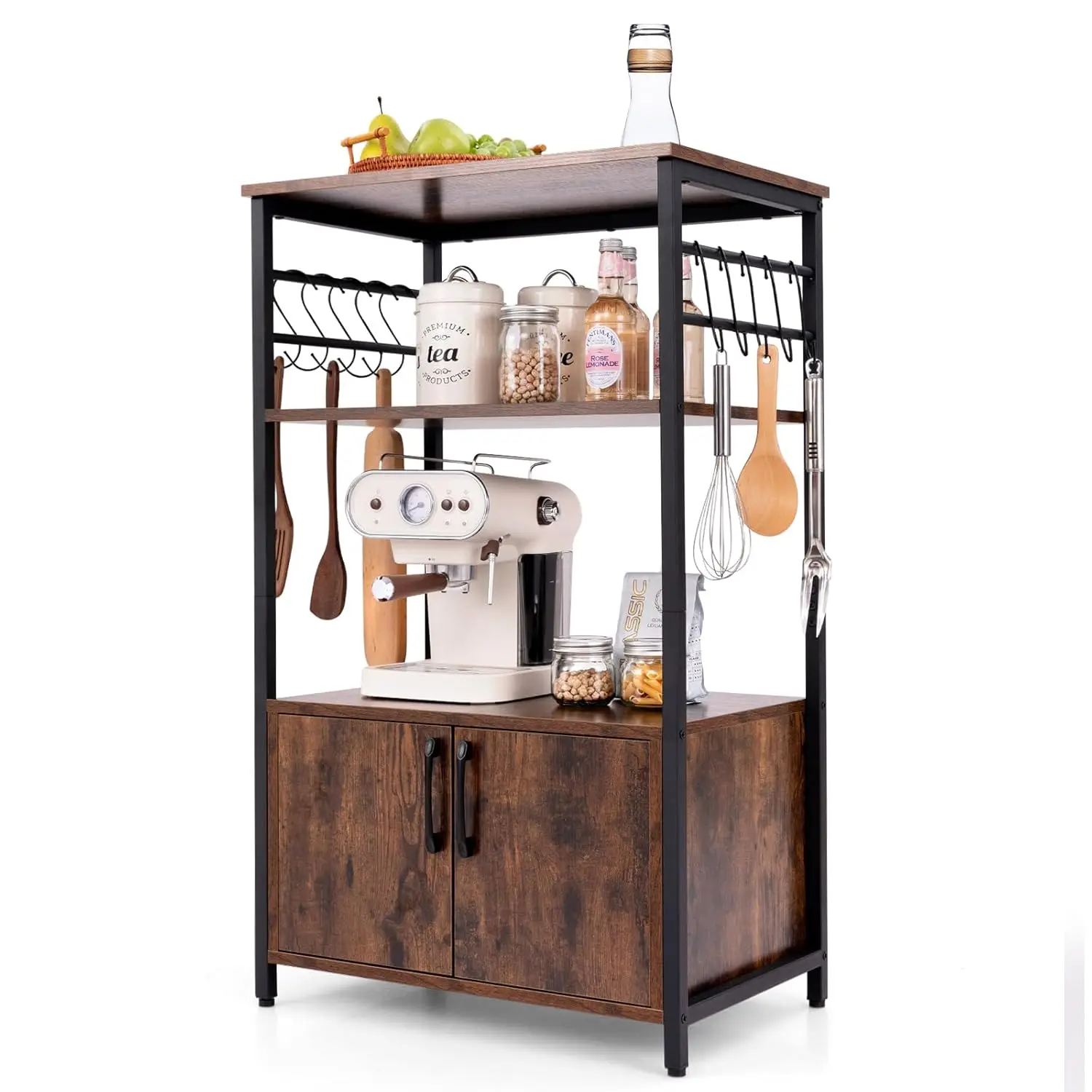 

Kitchen Baker's Rack with Cabinet, 3-Tier Pantry Cabinet with 2 Open Shelves, 10 S-Shaped Hooks, Customized