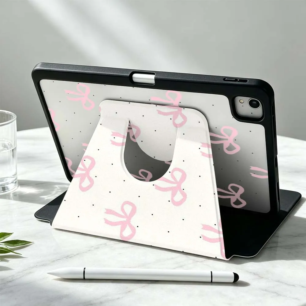 Pink Bow Polka-Dot Pattern For iPad Pro Air mini 6 5 4 12th M5 M4 M3 M2 A16 A17Pro 360° Rotation Stylus Storage Tablet Case Soft