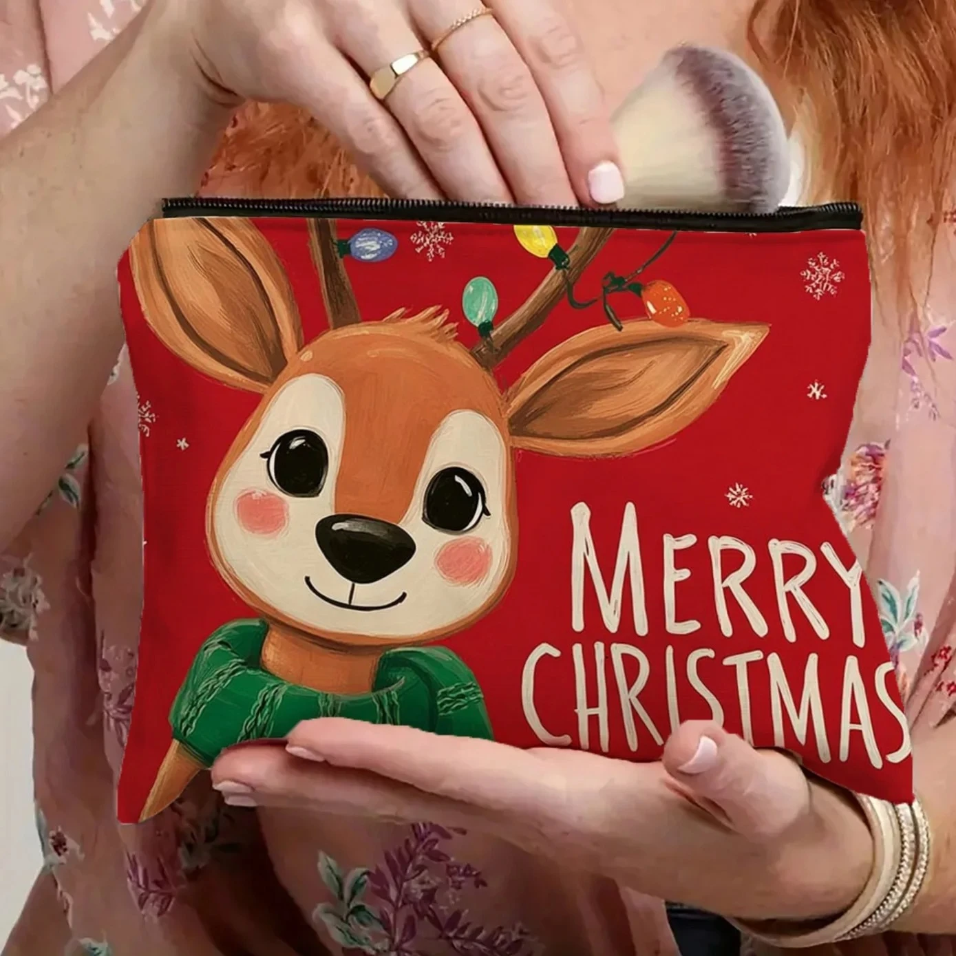 AChristmas Cartoon Reindeer Patterned Makeup Bag- Multifunctional Zipper Pouch, Jewelry Storage Bag, Perfect Travel Zipper