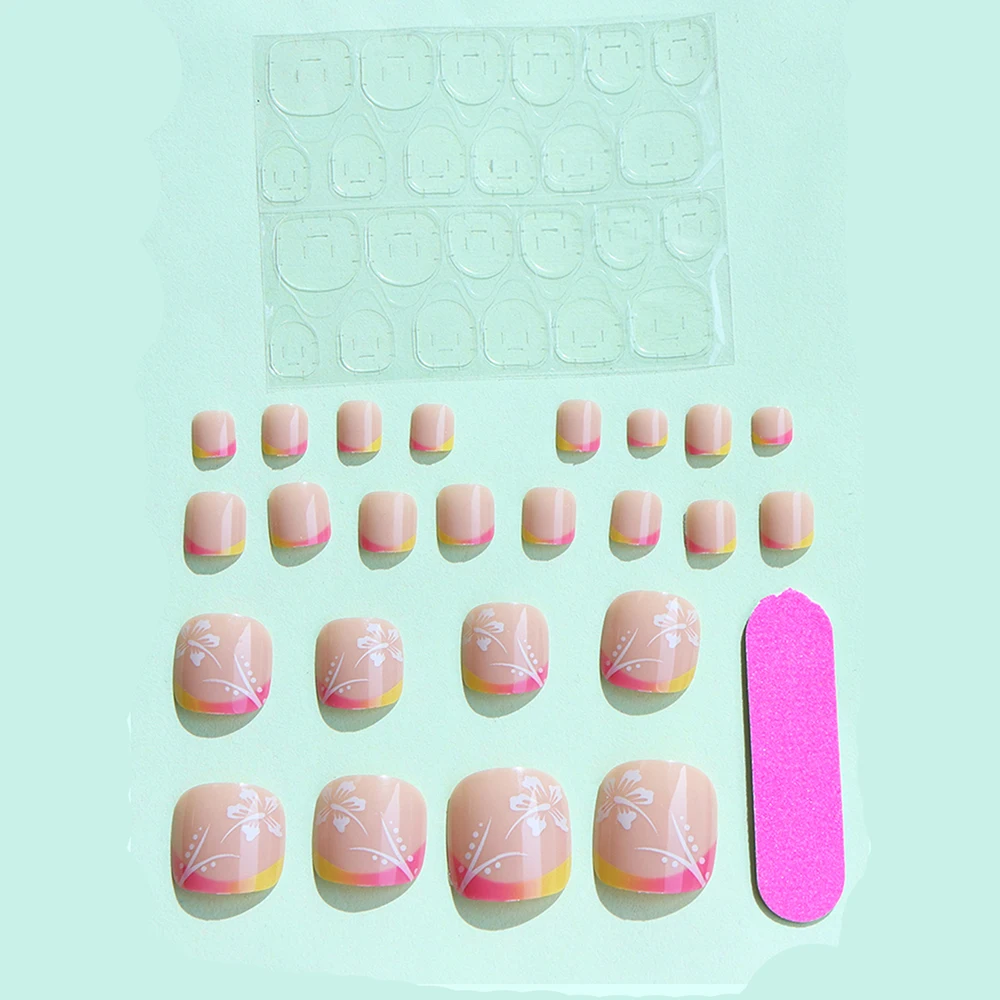 ARTAUG 24PCS Short Square Press On Nails Pink Flora Gilt French Toe Nail Press Ons Fake Nails Full Cover Fake Nail Set Cute Nail