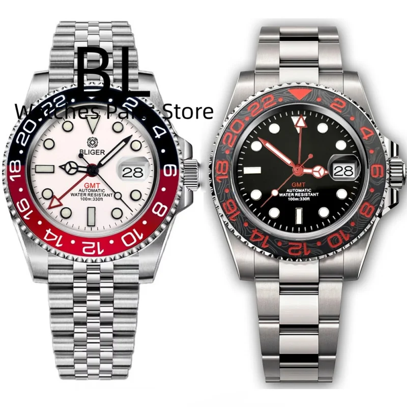 

BLIGER 40mm Customizable Logo Black White Dial Red GMT Watch For Men Black Red Bezel Sapphire Glass Waterproof Reloj Hombre Date