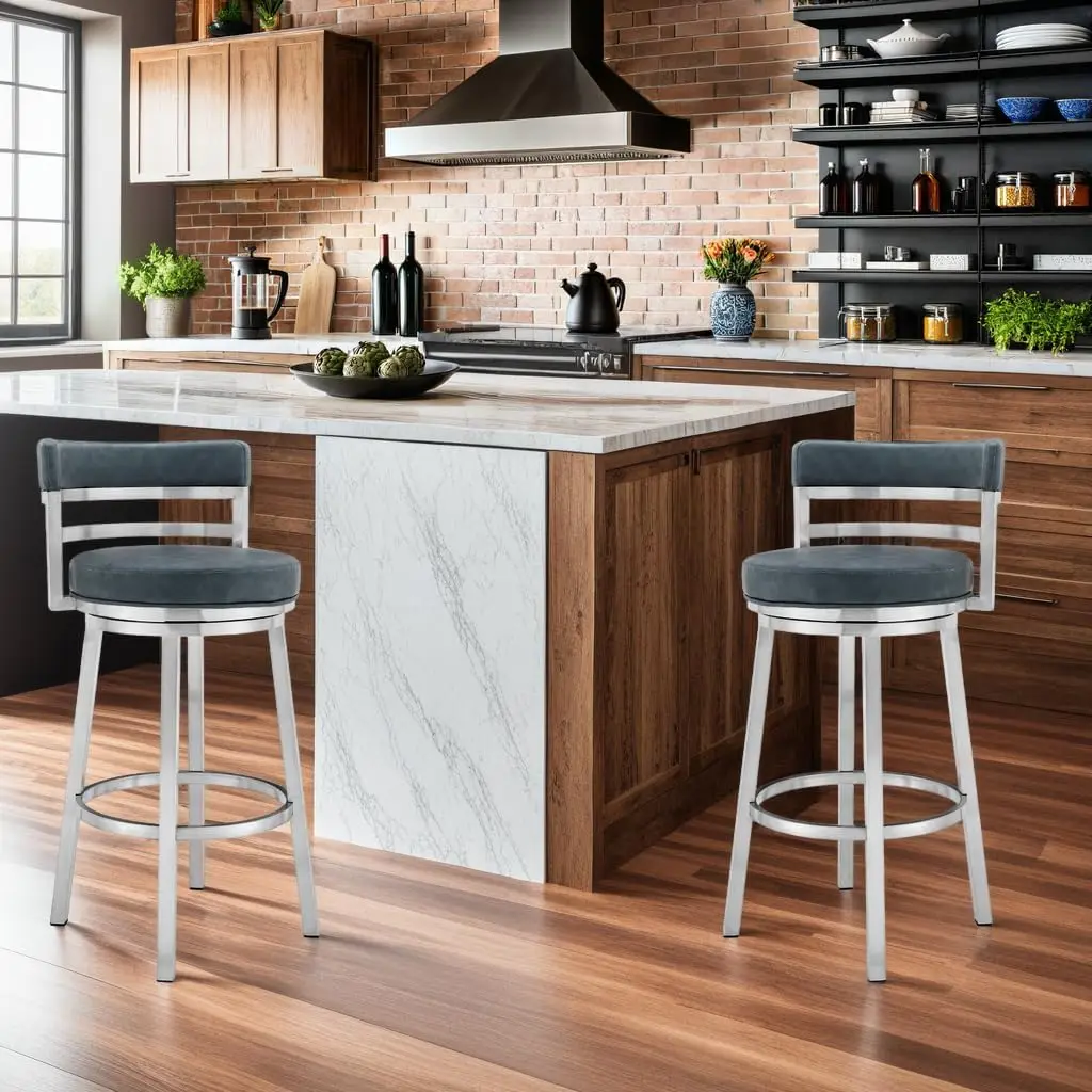 Madrid 26 inch zithoogte draaibare moderne blauwe kunstleer en geborsteld roestvrijstalen barkruk