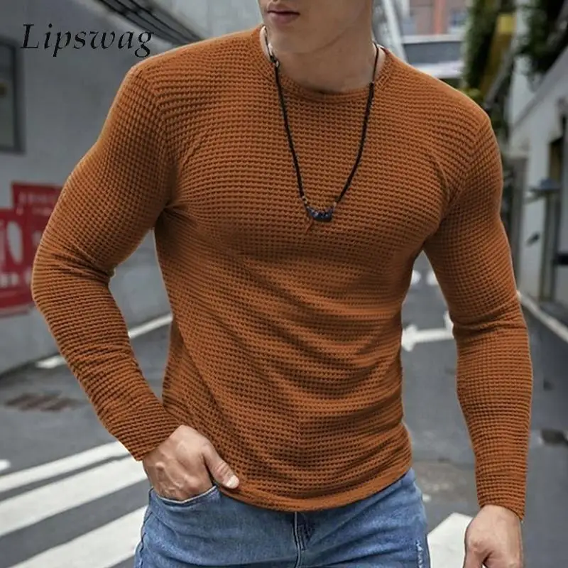 Casual Waffle Solid Color Sweatshirts For Mens Autumn Leisure Long Sleeve Crew Neck Pullover Tops Men Fashion Bottoming T-shirts