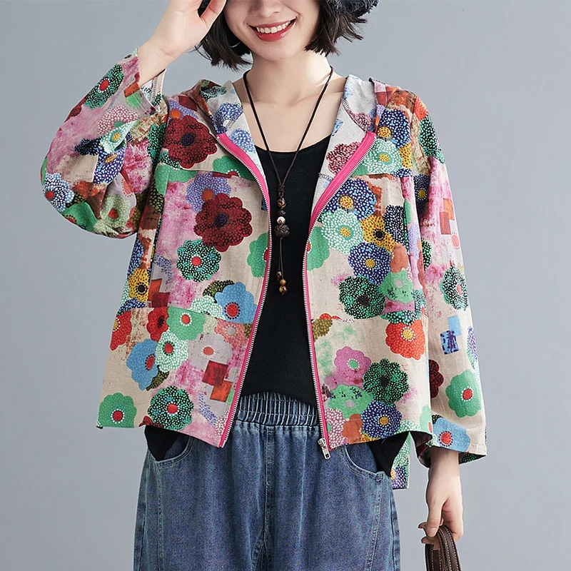 

Fall New Print Cotton Linen ort Jaet Women's Zipper Open Cardigan Loose Hooded Casual Versatile Anti-aging Sli