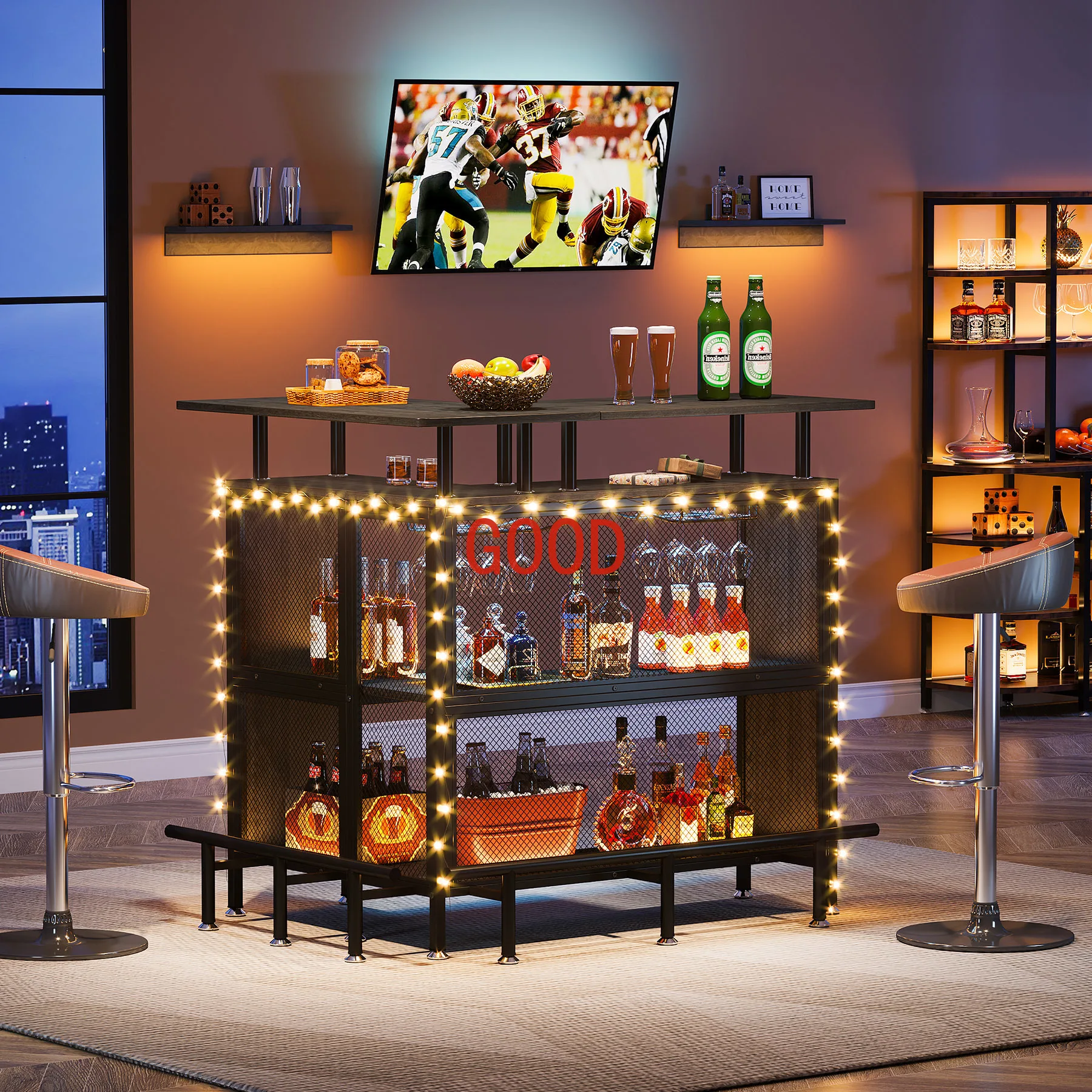 Tribesigns Home Bar Unit, L-Shaped Bar Table with Stemware Racks and 2-Tier Shelves, Corner Mini Coffee Liquor Cabinet