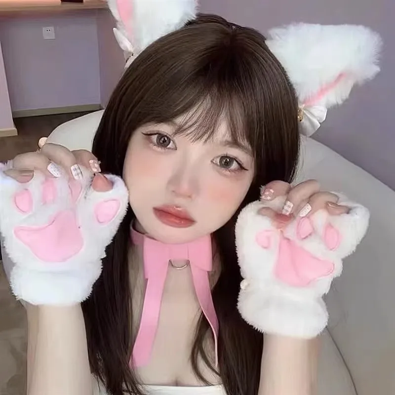 Plush Cute Cartoon Cat Claw Paw Gloves Plush Mittens Warm Soft Short Fingerless Fluffy Bear Gloves Costume Half Finger Gloves