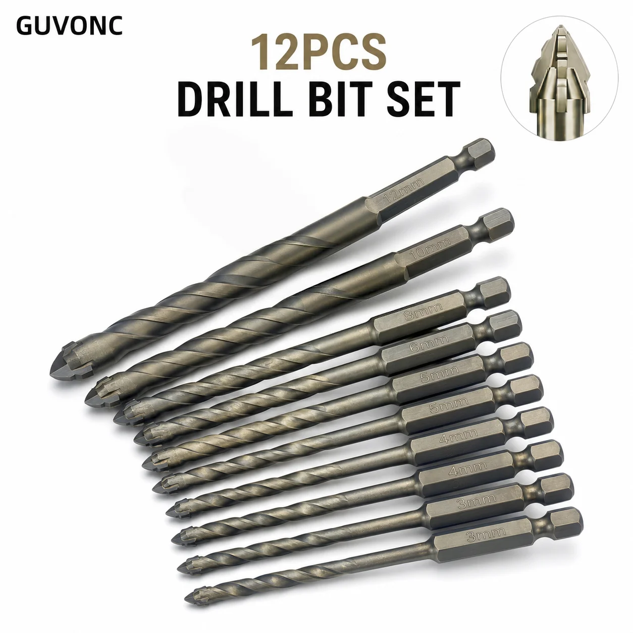 Hex Shank Tile Cross Drill Bits 12Pcs 3‑12mm, Carbide Tip Drilling Tool for Ceramic Mirror Glass Wall