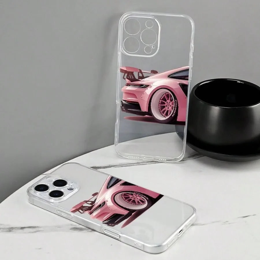 Pink Car Pattern Transparent Phone Case For iPhone 17 16 11 13 12 14 15 Pro Max XS X XR 7 8 Plus 16E 17Air Shockproof Soft Cover