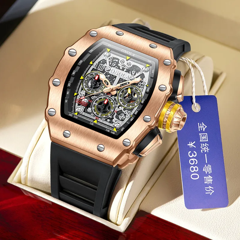 ONOLA Men's Fashion Quartz Watch Sports Silicone Strap Auto Date Rose Clocks Luxury Tonneau Wristwatch Mens Hot Sale