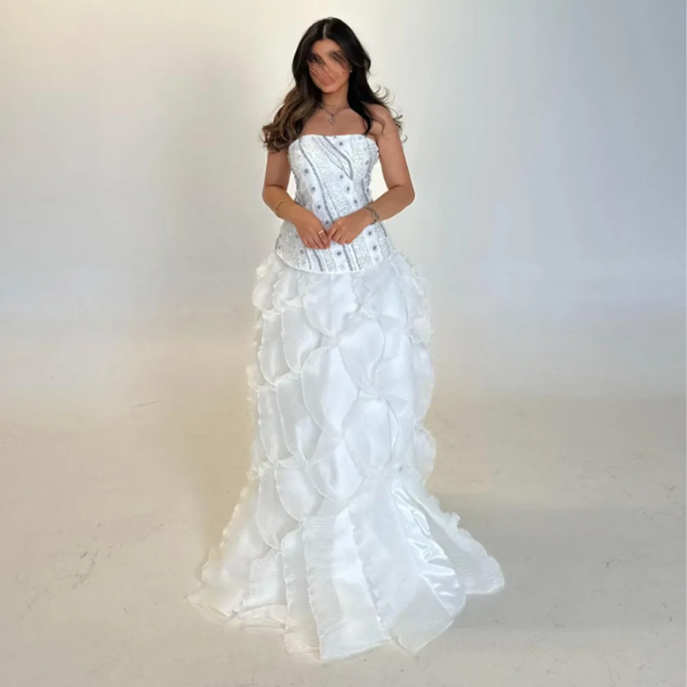 

High Quality Customized Beaded Floor Length Strapless Sleeveless White Wedding Party Dresses Vestidos De Gala платье вечернее