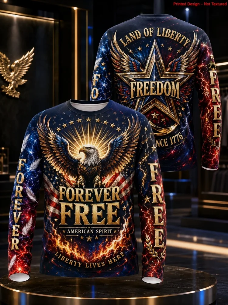 Men's Freedom Liberty 1776 Eagle American Flag Long Sleeve T-Shirt Land of the Free Home of Brave Graphic Pullover Tops Gift New