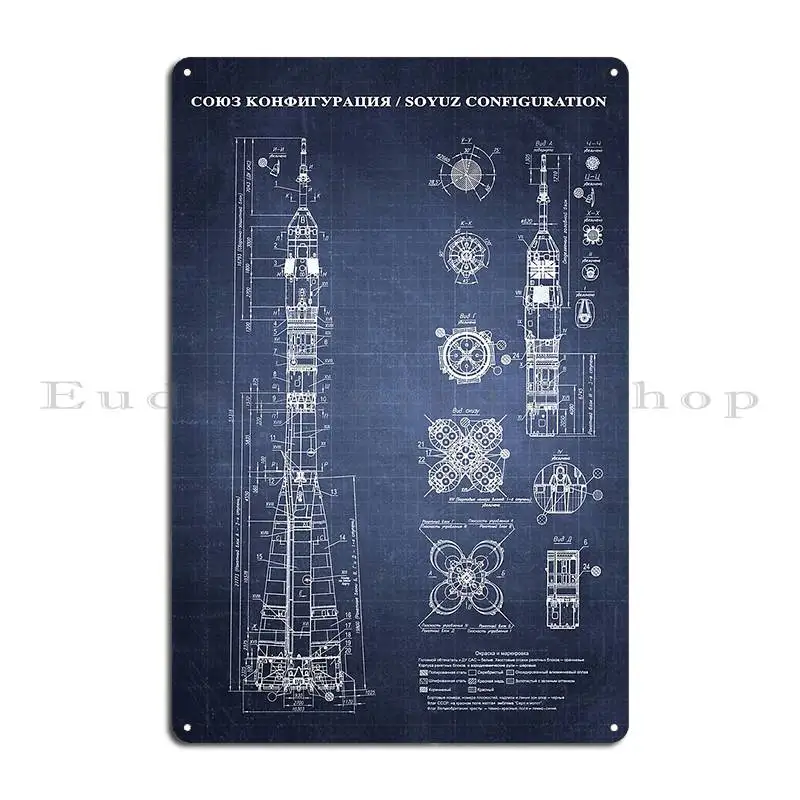 Soyuz Blueprint In High Resolution Dark Blue Metal Sign Club Wall Decor Cinema Custom Club Tin Sign Poster