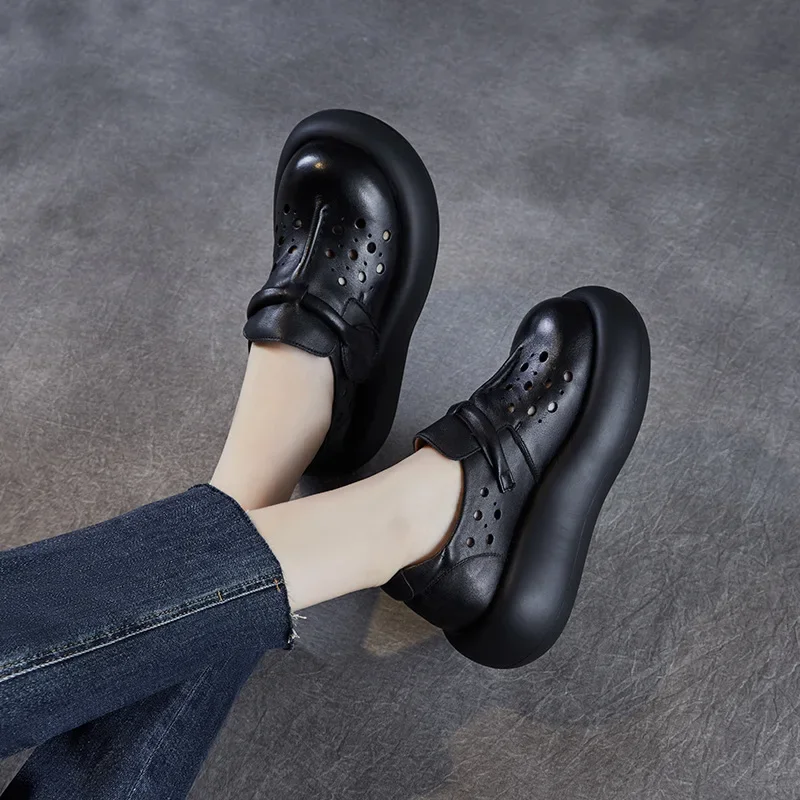 2025 Summer Hollowed Out Height Increasing Thick Soled Perforated Women's Shoes, Genuine Leather Women's Sandals
