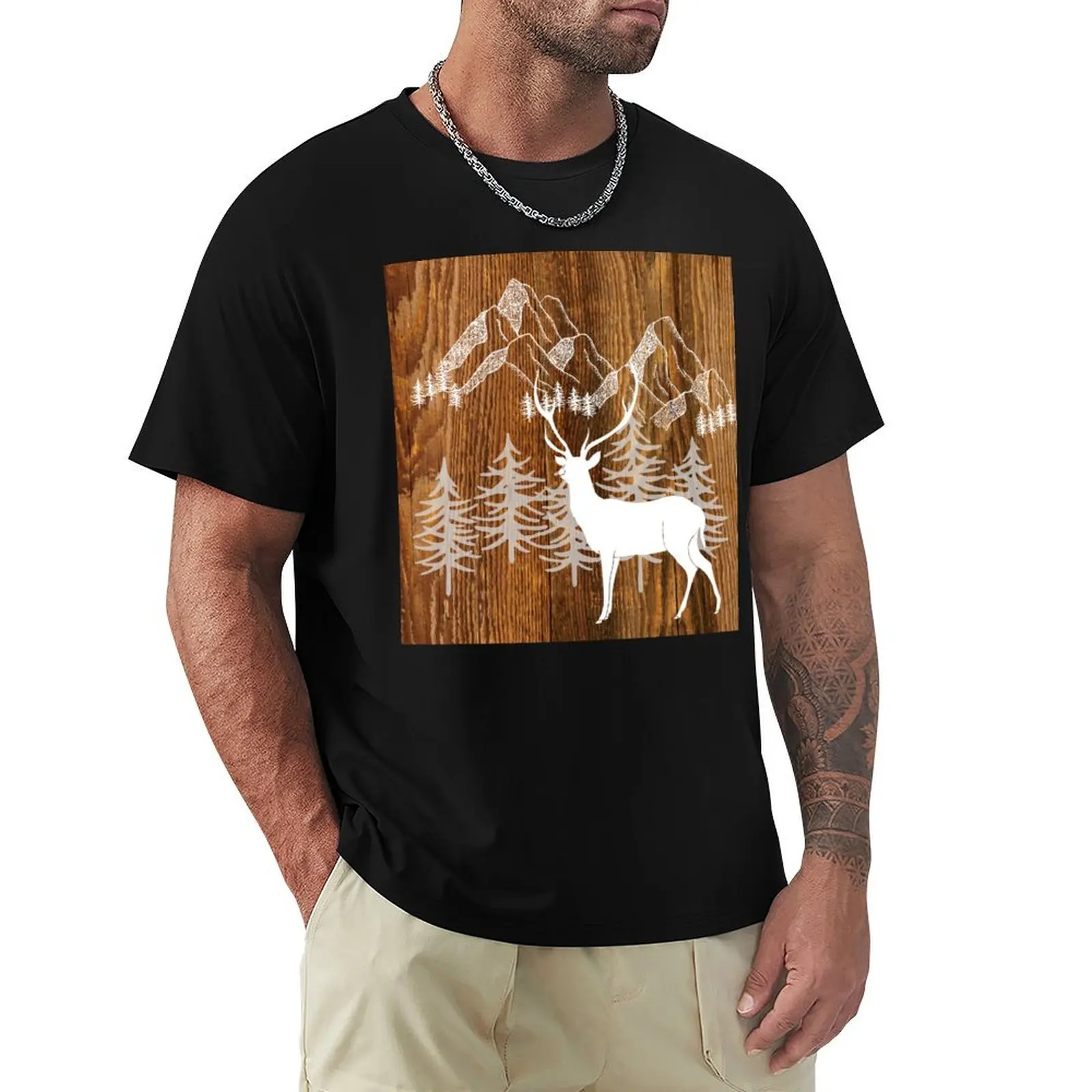 rustic mountain woodgrain bohemian forest winter woodland deer T-shirt Aesthetic clothing Blouse kawaii clothes t shirt men