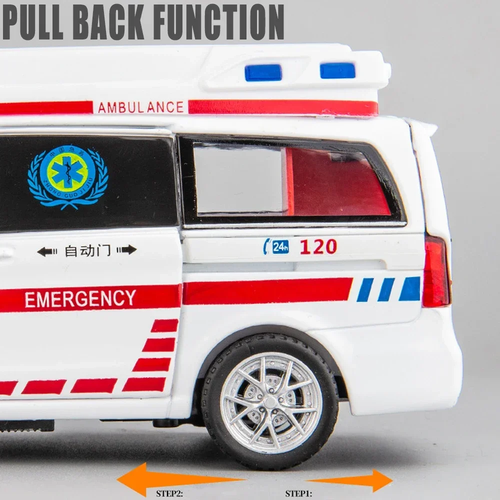 Scale 1/32 Ambulance 120 Metal Diecast Alloy Toy Vehicles Cars Models for Boys Children Kids Pull Back Sound and Light