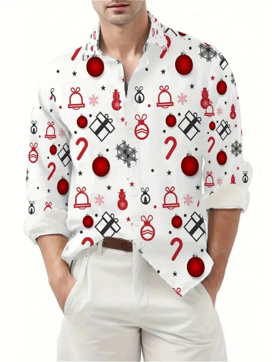 Grote maten herenshirt met lange mouwen Cartoon kerstsneeuwman en boomprint Vakantie Casual familiefeestkleding