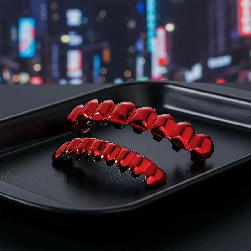 Rotes Spiegel-Hip-Hop-Grillz-Set 8 Zähne Oben und Unten Grills Y2K Party Cosplay Zähne Halloween-Schmuck für Männer und Frauen – Detail 7