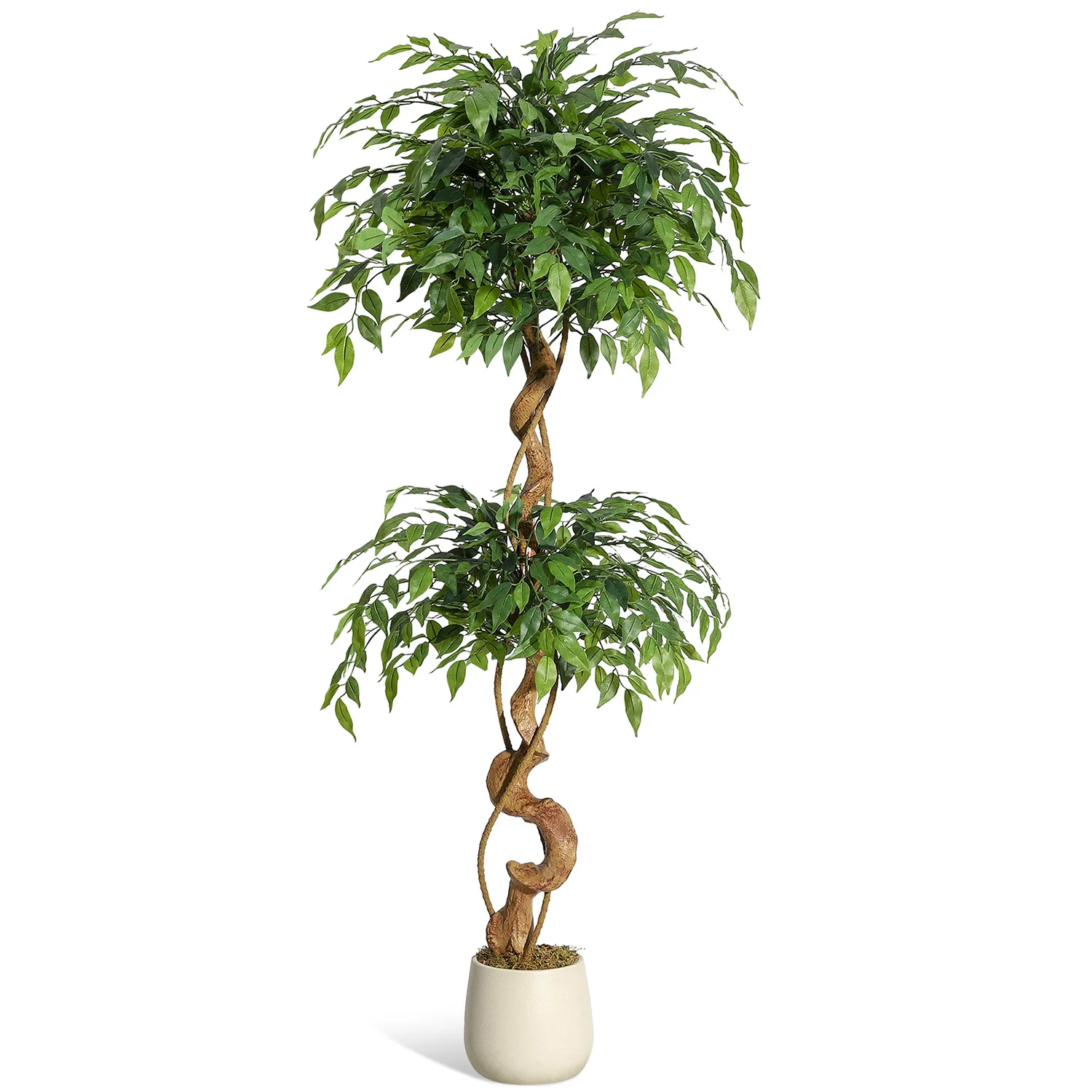 Realistischer künstlicher Ficusbaum mit gebogenem Stamm, lebensechte Kunstseidenpflanze im weißen Topf, dekoratives Innengrün für Zuhause und Büro. – Detail 13