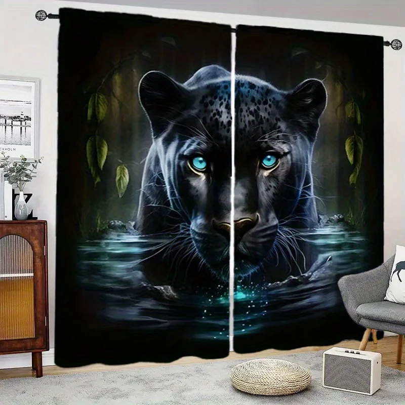 

Black Panther Wildlife Art Printed Rod Pocket Semi-Blackout Curtains 2pcs for Living Room Bedroom Decoration Machine Washable