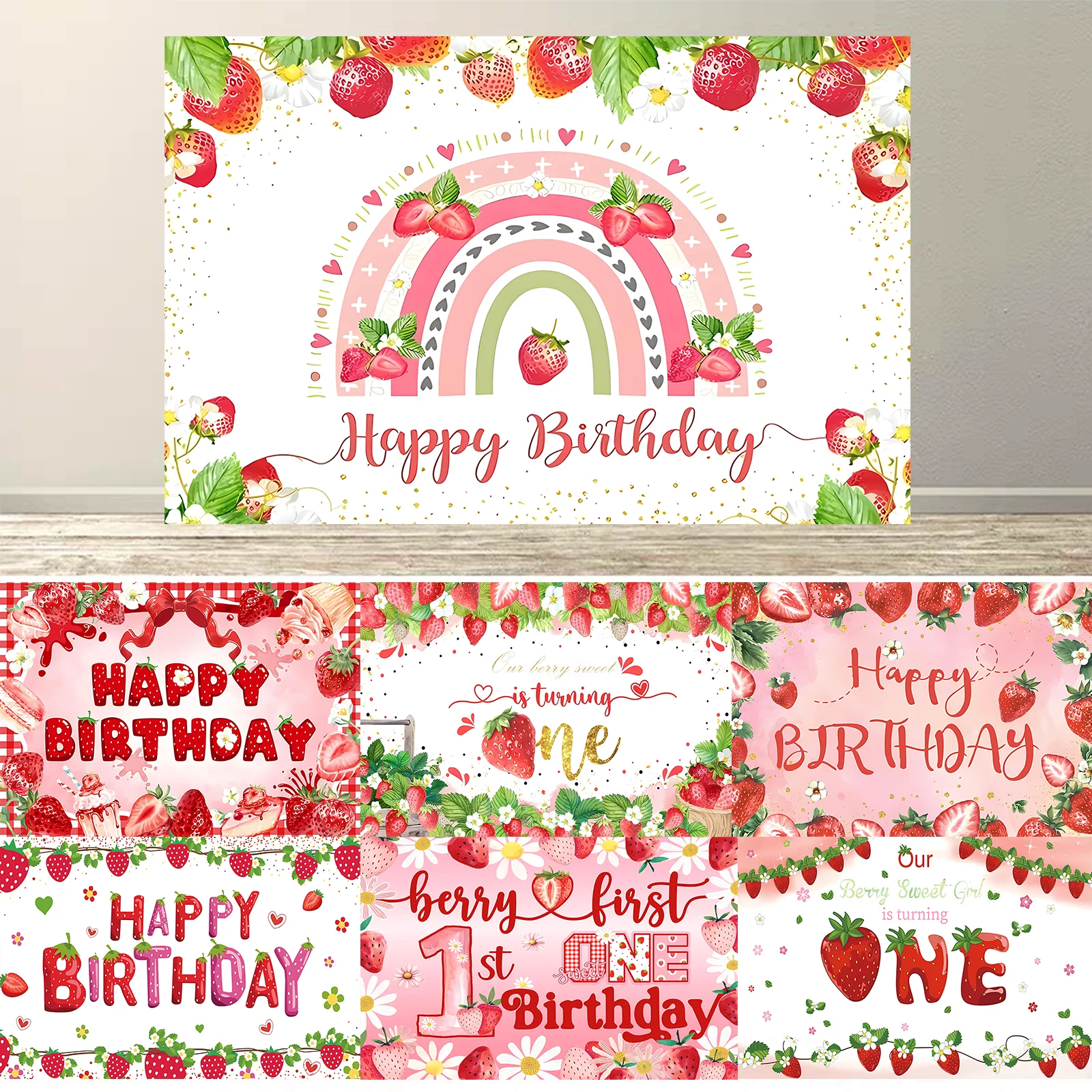 

Strawberry Theme Birthday Party Photography Backdrop Baby Shower Custom Photocall Banner Cake Smash Newborn Portrait Background
