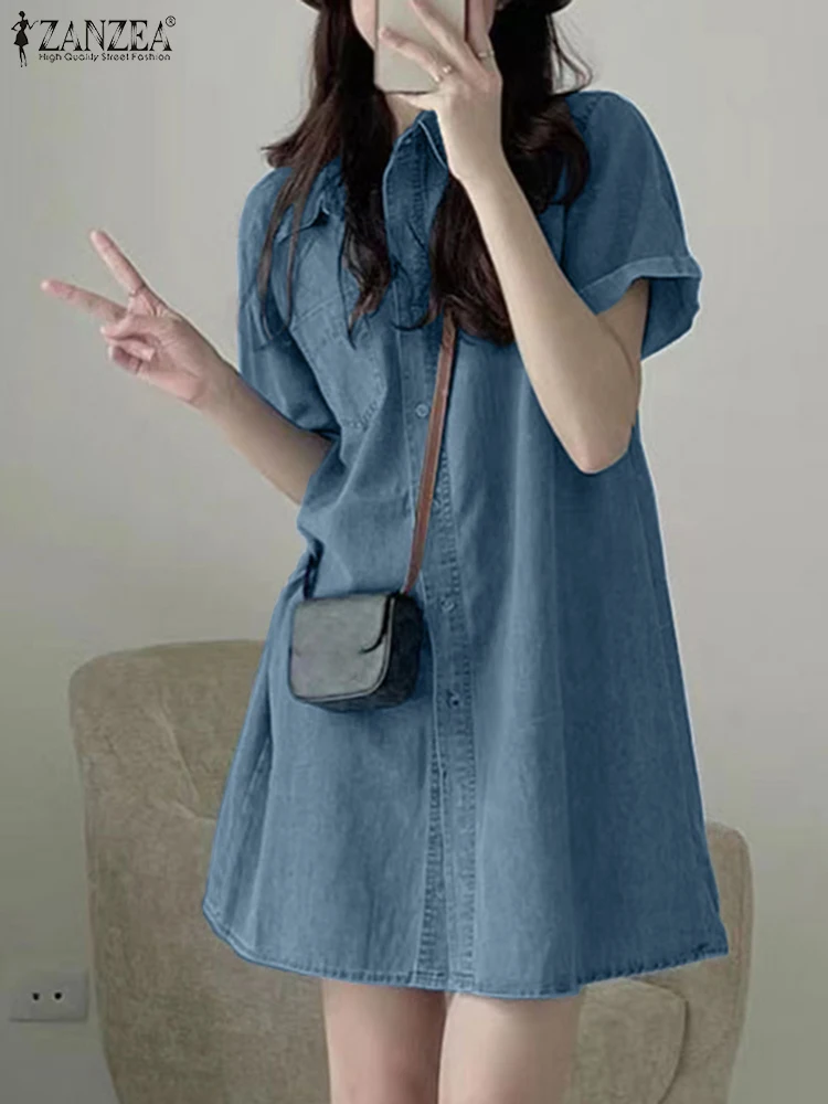 ZANZEA Summer Women Jeans Dress Vintage Short Sleeve Denim Sundress Causal Shirt Vestidos Retro Lapel Kaftan Loose Work Dresses