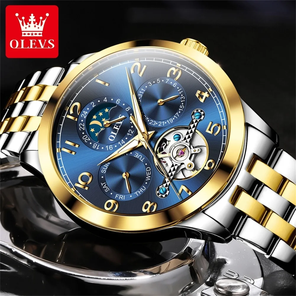 OLEVS 7048 Men Watch Luxury Hollow Tourbillon Automatic Mechanical Watch Multi functional HD Night Light Waterproof Men's Watch