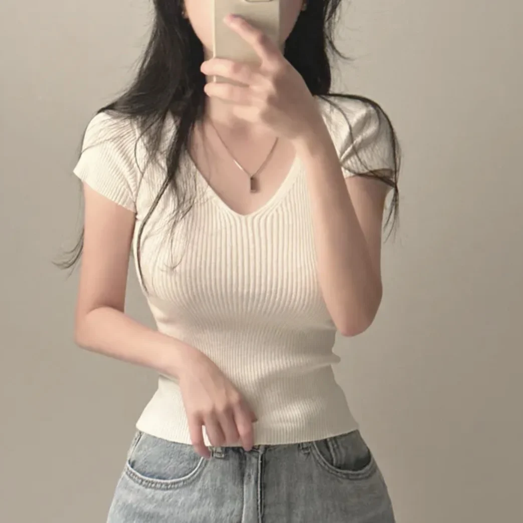 

Шикарный вязаный свитер V-Ne ort Sve, женская облегающая футболка, ультра милый уникальный модный топ длиной до плеч