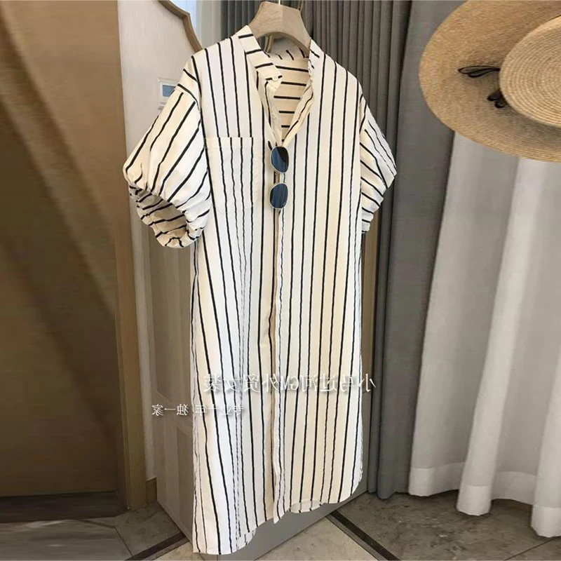 Vestido a rayas de longitud media con manga de burbuja para mujer, cuello de pie, estilo francés suave, primavera 2024