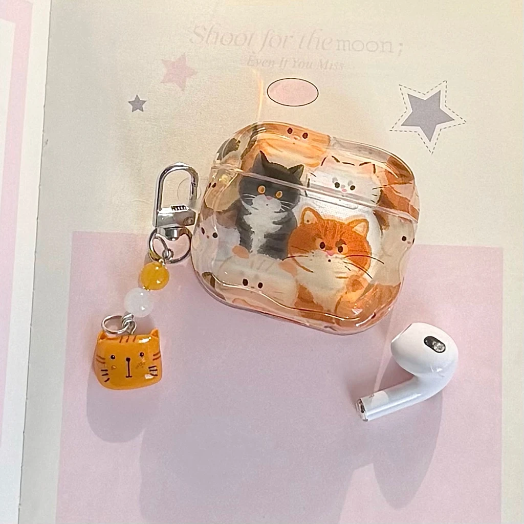 Fun Cute Watercolor Cat Series Wavy Border With Pendant Earphone Case Cover for AirPods 1 or 2 3 4 5 Pro 2 Pro 3