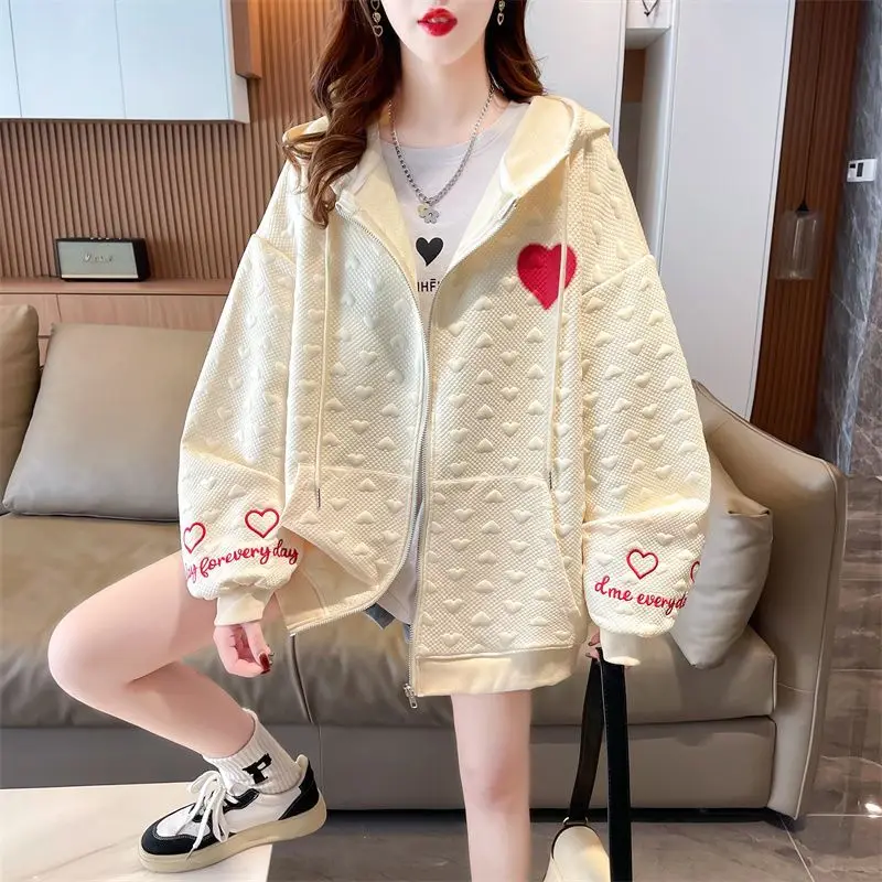 Trend Hoodies Coat Female Spring Autumn New Preppy Style Loose Zipper Printing Long Sleeve Sweatshirts Cardigan Women Clothing