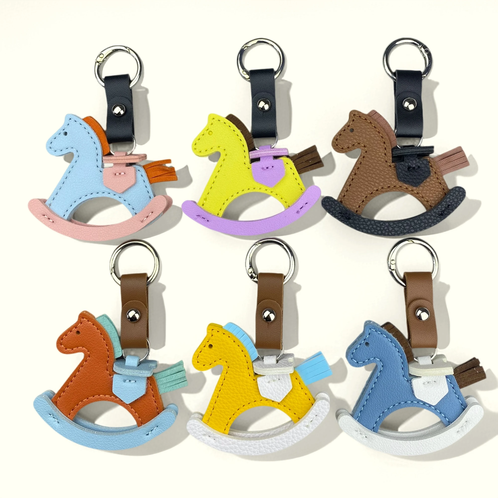 Handcrafted Leather Rocking Horse Keychain Bag Charm, Cute Color-Block Horse Keyring Pendant, Horse Accessories For Purse, Bags