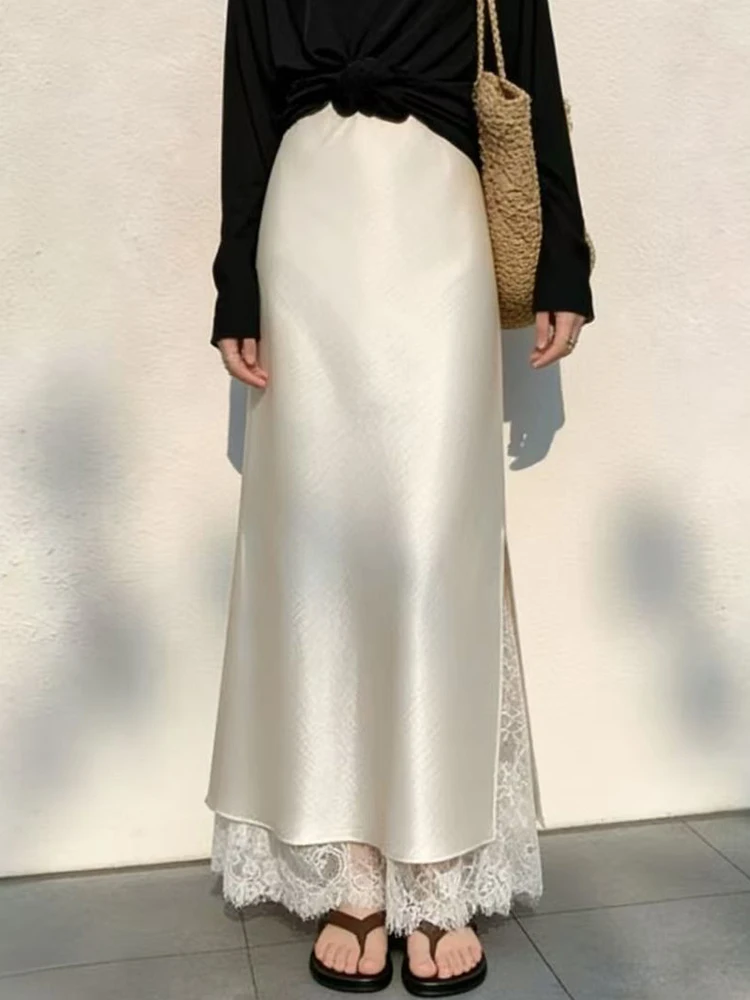 Summer Elegant Satin Long Skirt Women Fashion Lace Patchwork Slit High Waist Mermaid Skirts Chic Slim Female Casual Solid Skirt