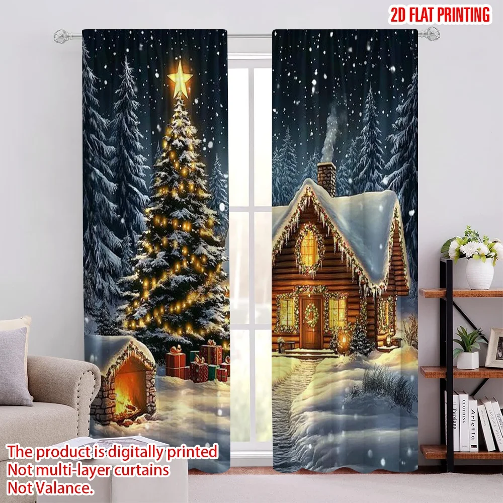

2pcs 2D flat printing Christmas Window Drapes Holiday Christmas House Versatile Durable Polyester Without Electricity Spring
